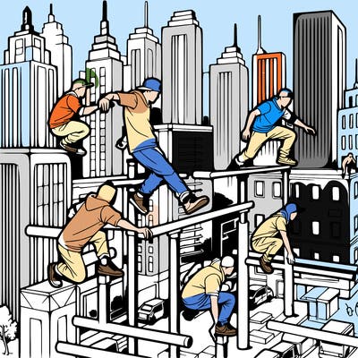 parkour athletes navigating a challenging cityscape