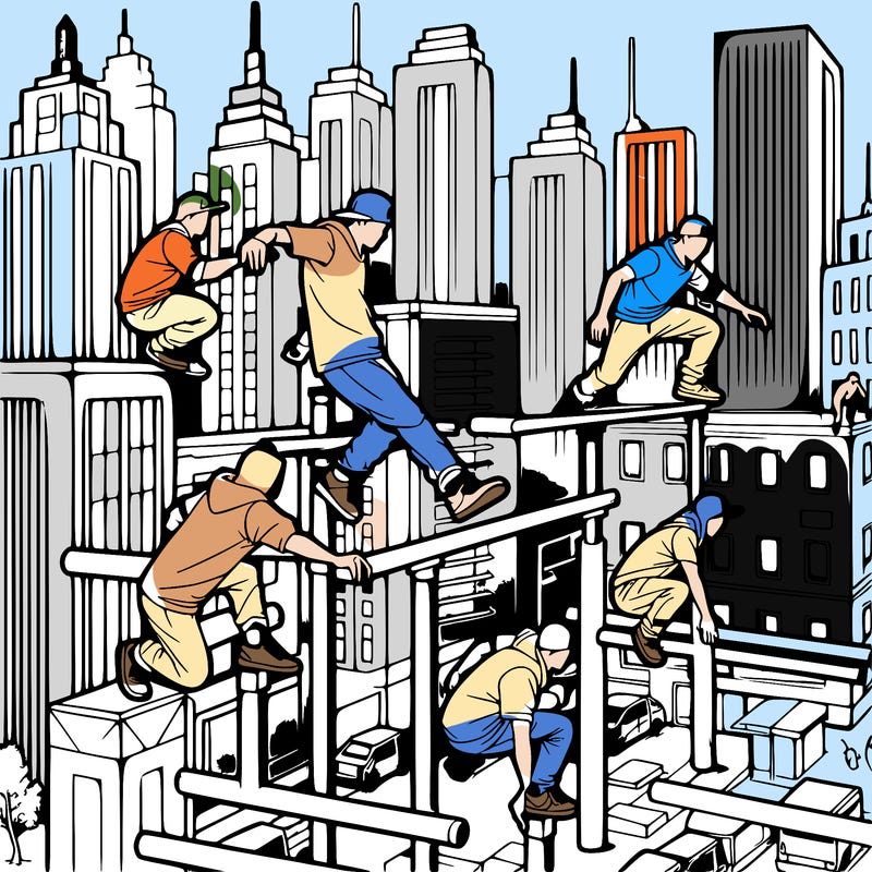 parkour athletes navigating a challenging cityscape