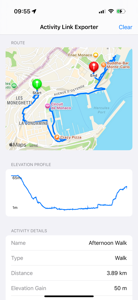 Data Export for Strava - App screen showing a walking route map and elevation profile for data export.