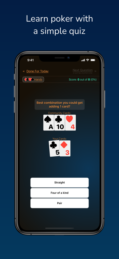 Poker Hands Quiz - Una pantalla de teléfono móvil que muestra una pregunta de quiz de manos de póker donde el jugador debe identificar la mejor combinación de manos posible.