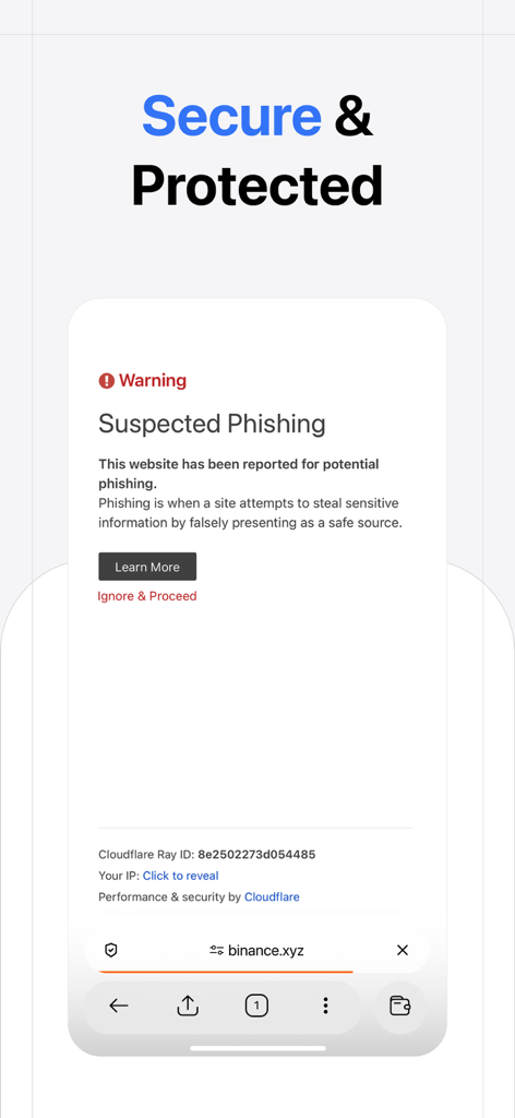 Herond Private Adblock Browser - Herond Private Adblock Browser displaying a security warning for a suspected phishing website.