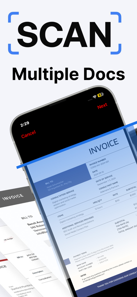Quick Scan Pro:Scanner for Doc - Quick Scan Pro App-Oberfläche beim Scannen mehrerer professioneller Rechnungen auf einem iPhone-Bildschirm.