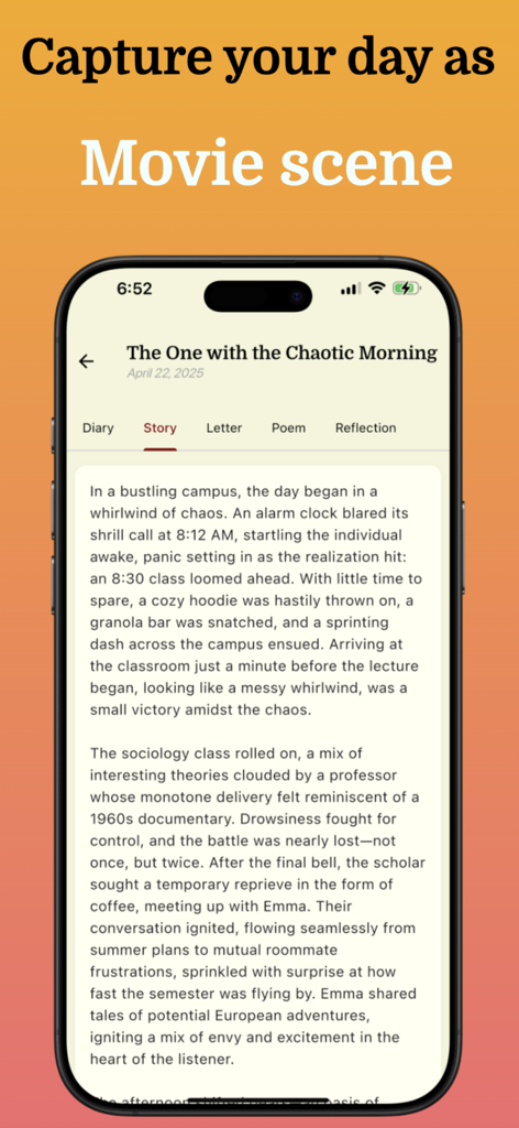 AI Journal & Diary - Reflect - Pantalla de la aplicación AI Journal que muestra una entrada de diario transformada en una historia de escena de película.