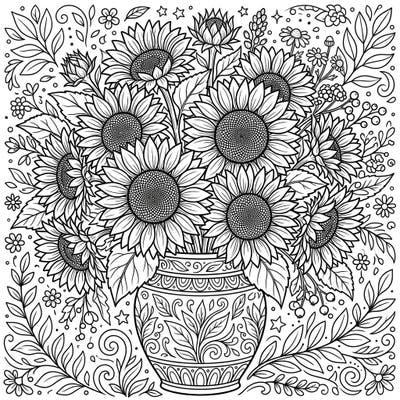 Bring the warmth of summer indoors with this stunning cut sunflowers coloring page. Featuring a bountiful bouquet in an elegantly patterned vase, it's perfect for capturing the joy of these vibrant blooms.