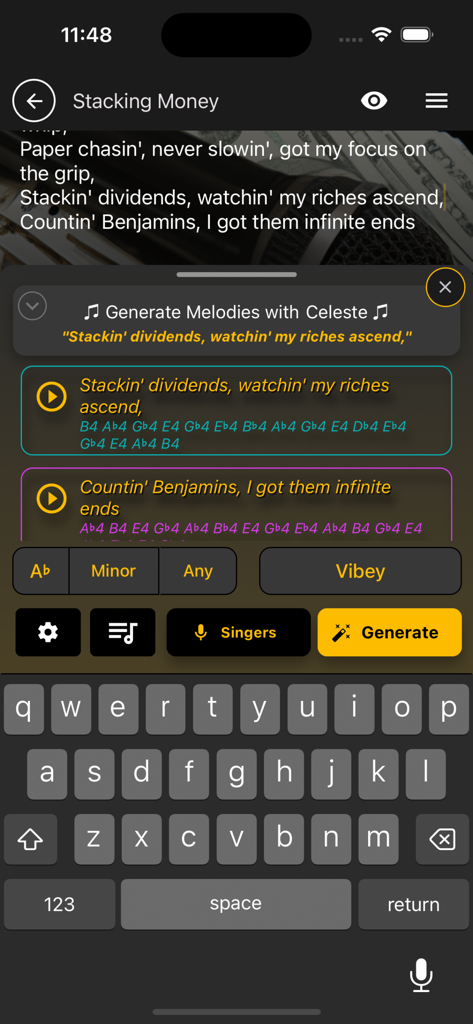 メロディー作成のための生成されたラップ歌詞と音符を表示するGhostWriter AIアプリのインターフェイス