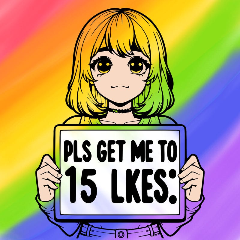 realistic girl holding up a sign that says “pls get me to 15 likes!”