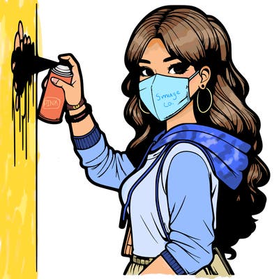 realistic girl with mask spray painting a wall