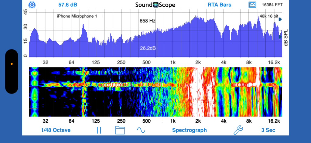SoundScope VR - SoundScope VR app split screen showing RTA bar graph and spectrograph audio analysis.