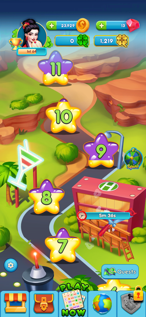 Planet Bingo Quickplay - A colorful world map progression screen in Planet Bingo Quickplay featuring numbered star levels on a winding road