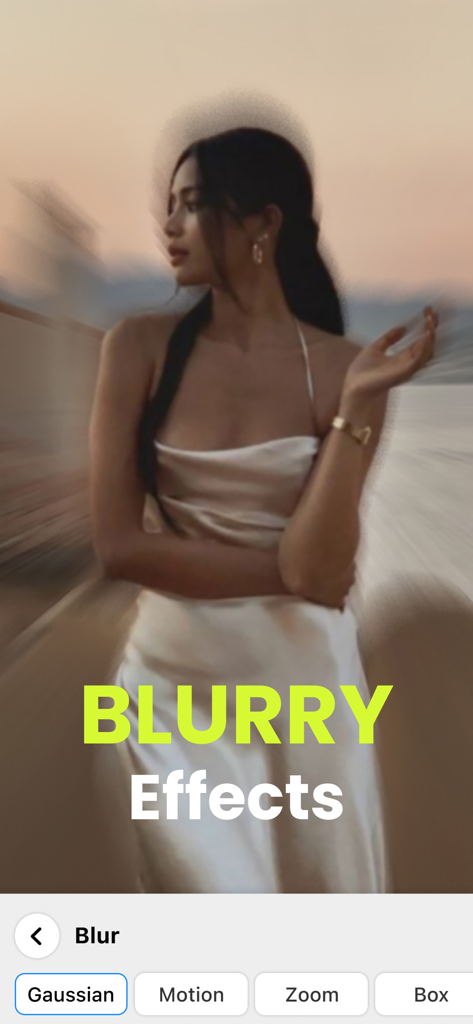 Motion Blur Photo Editor - 白いドレスを着た女性に、クリエイティブなモーションブラー効果が適用されています。モバイル写真編集アプリのインターフェースで、GaussianやZoomなどのぼかしタイプが表示されています。