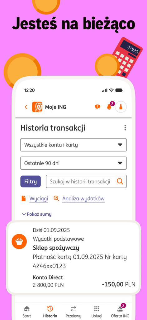 Moje ING mobile app transaction history screen showing grocery store payment and filter options
