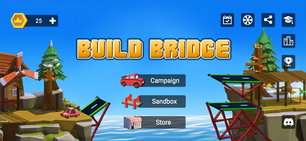 Build Bridge : Craft Builder - Main menu of the Build Bridge Craft Builder app showing Campaign and Sandbox modes over a low poly bridge construction scene