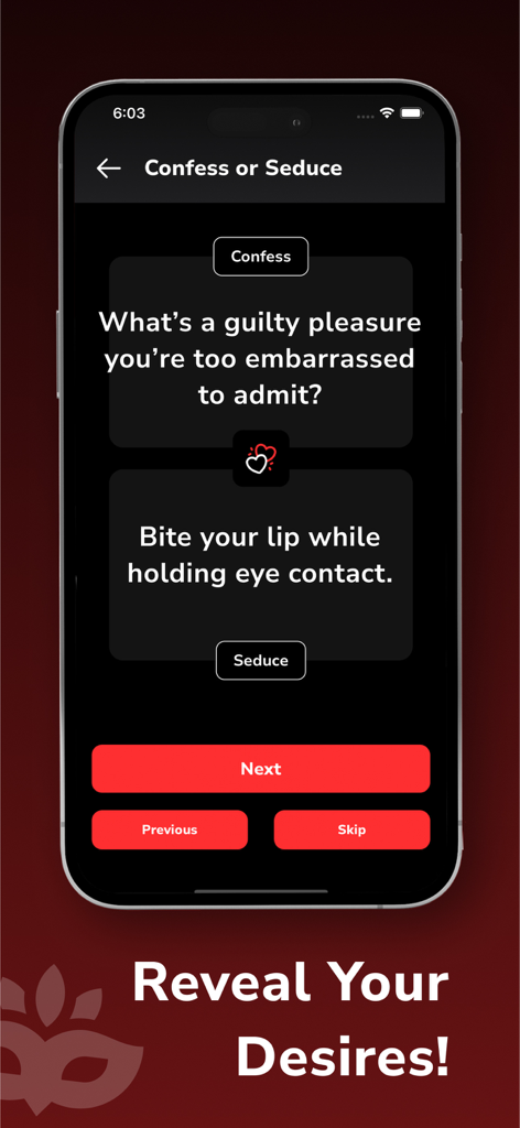 Una interfaz móvil de la aplicación FYR mostrando la función de juego Confesar o Seducir con tarjetas para preguntas de verdad y retos seductores.