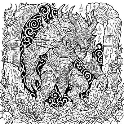 Unleash your inner artist with this highly detailed Fomorian adult coloring page, featuring a monstrous creature from Irish mythology. Delve into intricate Celtic patterns and ancient ruins for a truly immersive and challenging coloring experience.