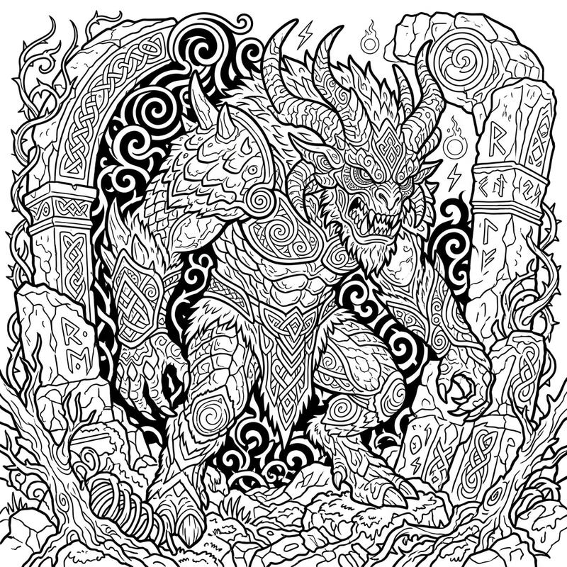 Unleash your inner artist with this highly detailed Fomorian adult coloring page, featuring a monstrous creature from Irish mythology. Delve into intricate Celtic patterns and ancient ruins for a truly immersive and challenging coloring experience.