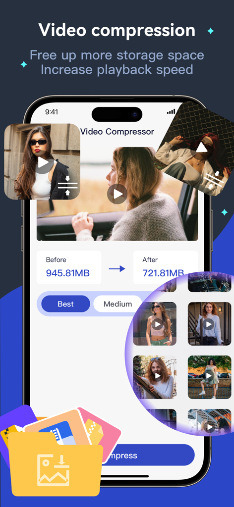 Interface do aplicativo móvel Secret Clean mostrando a ferramenta de compressão de vídeo para reduzir o tamanho do arquivo e liberar espaço de armazenamento.