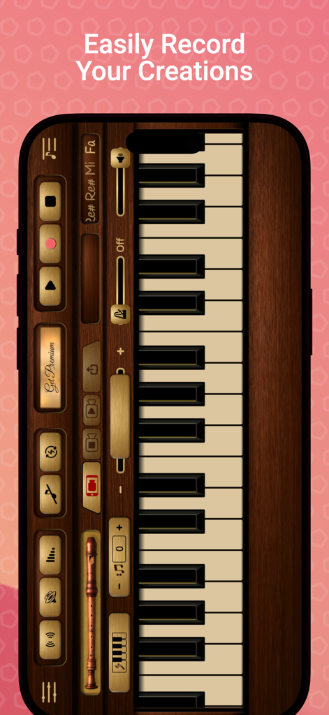 Recorder Sim - Smartphone-Bildschirm zeigt die Recorder Sim App-Aufnahmeoberfläche mit einer Klaviatur und Holztexturkontrollen.