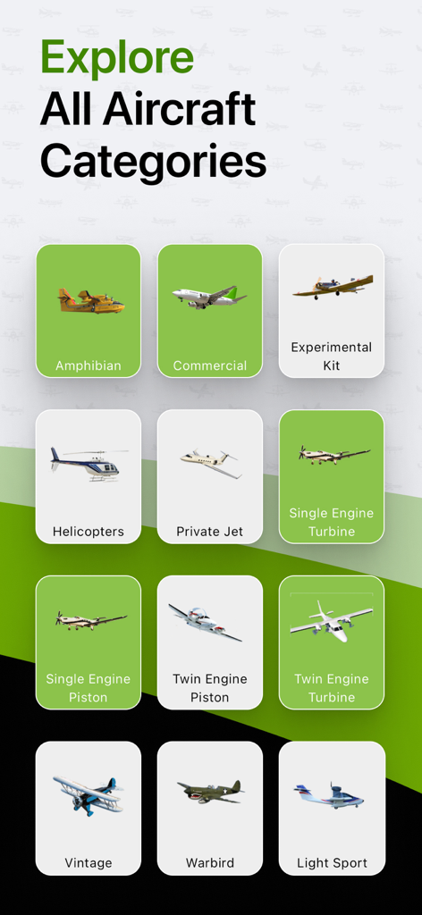 A screenshot of the BuyPlane app showing various aircraft categories like Private Jet, Helicopters, and Warbirds