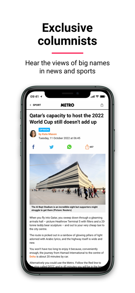 Metro: World and UK news app - メトロニュースアプリで、特別コラムの見出しの下にワールドカップに関する意見記事を表示するスマートフォンの画面。
