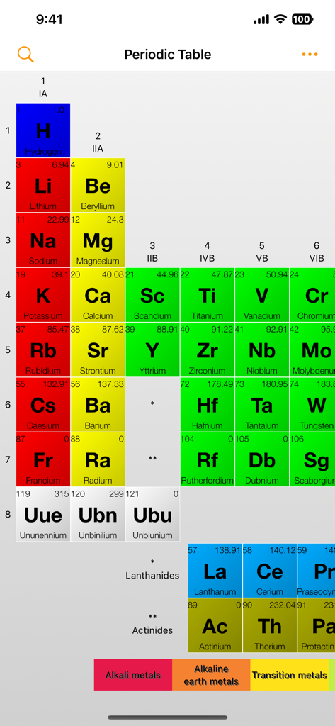 Main interface of the Periodic Table of Elements plus app displaying a color coded grid of chemical elements.