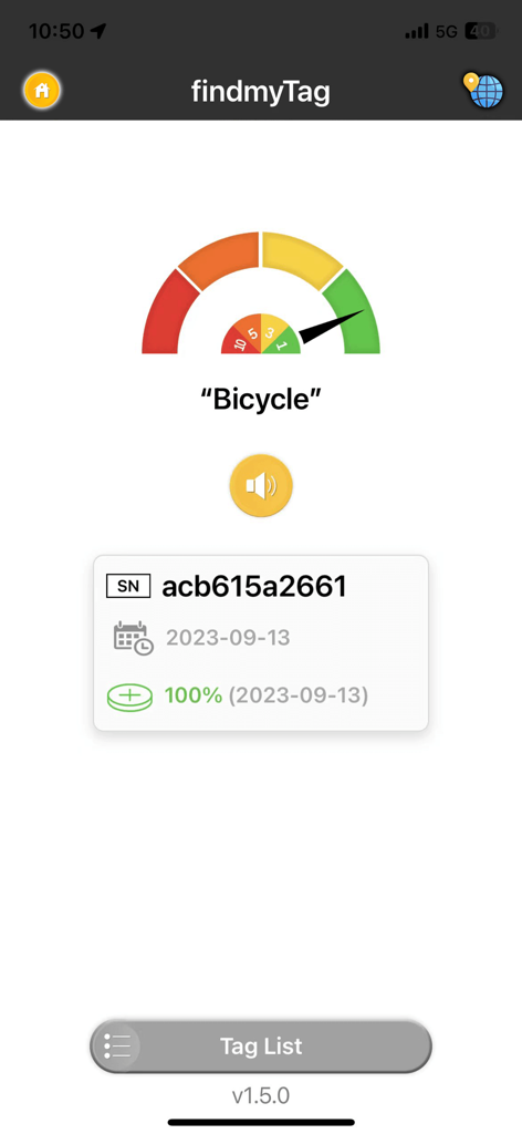 findmyTag - FindmyTag app showing a proximity signal strength meter for a tracked bicycle