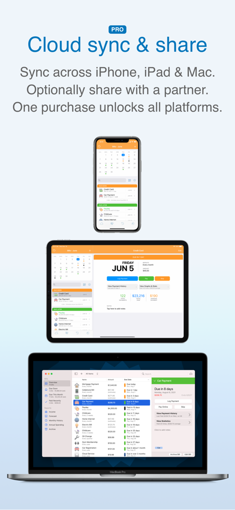 Chronicle bill organizer app interface showing cloud sync across iPhone iPad and Mac