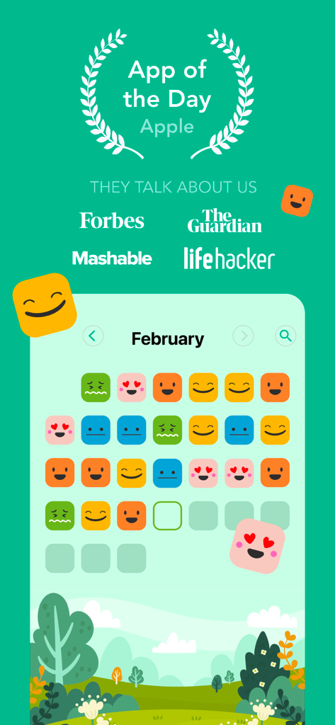 Daylio Journal app display showing a monthly mood tracker calendar with emoji icons and media awards
