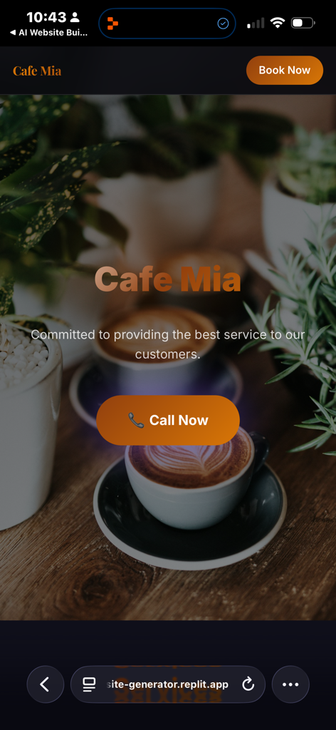 Mobile view of a professional cafe website with call and booking buttons created using AI