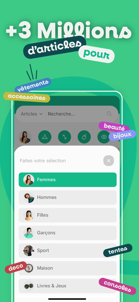 Dabchy mobile app category selection screen showing over 3 million items for fashion home and electronics