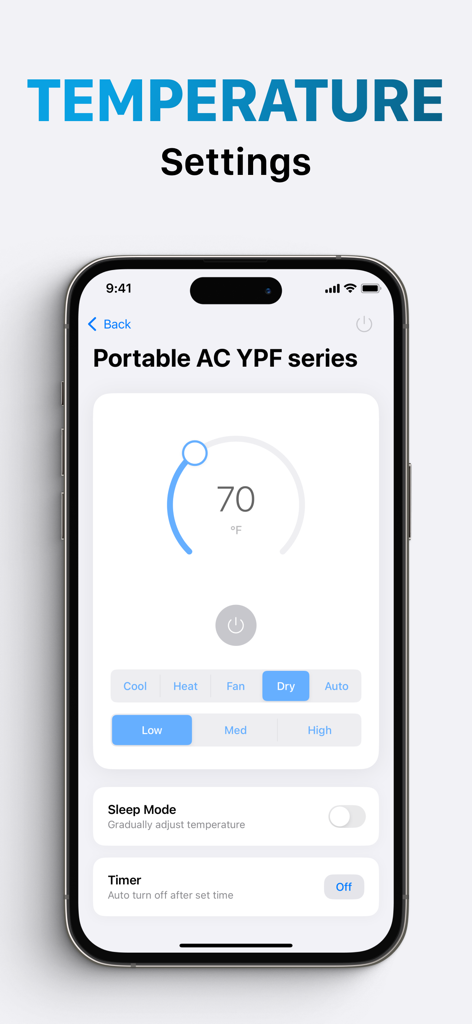 Interfaccia dell'app Smart Home Controller che mostra le impostazioni di temperatura per un condizionatore d'aria portatile