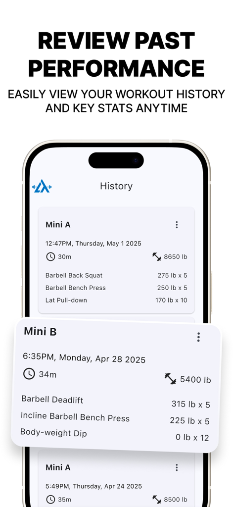 LiftTrack: Strength Training - LiftTrack app screen displaying a detailed history of past strength training workouts including dates duration and total volume