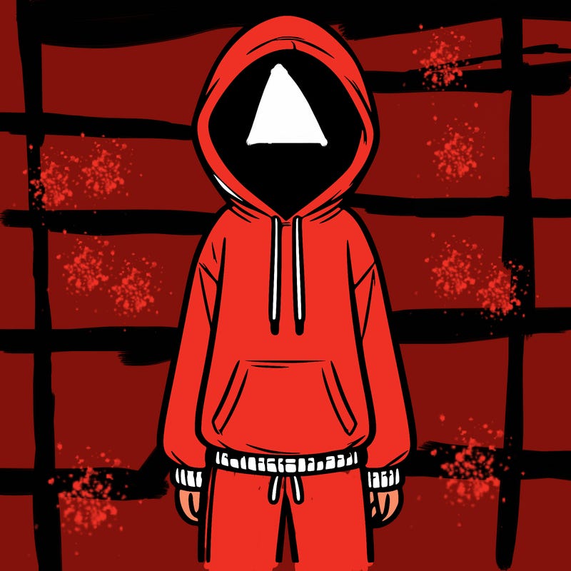 faceless girl in a tracksuit with a hood on and no hair
