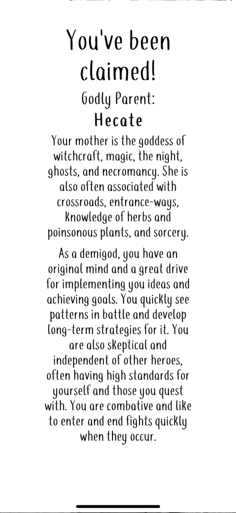 Pantalla de resultado de padre divino para Hécate en la aplicación Psyche Godly Origins