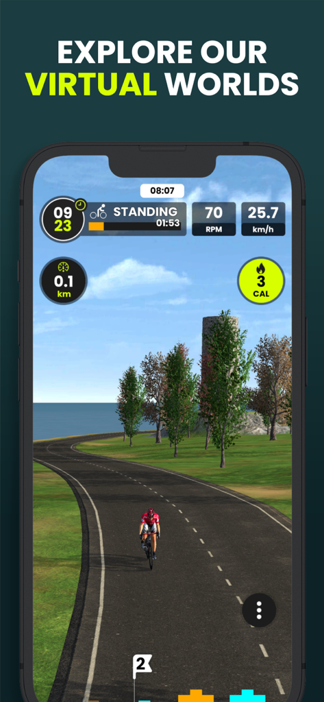 Virtual cycling world with avatar and fitness stats on CycleGo app