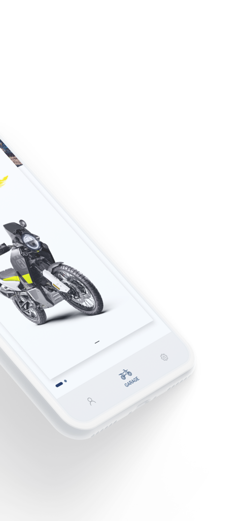 Benutzeroberfläche der Ride Husqvarna Motorcycles App, die die virtuelle Garage mit einem Motorrad anzeigt