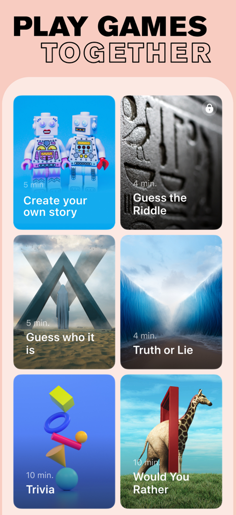 iBoy: AI Companion for Support - The interactive games menu in the iBoy app showing options like Trivia and Would You Rather