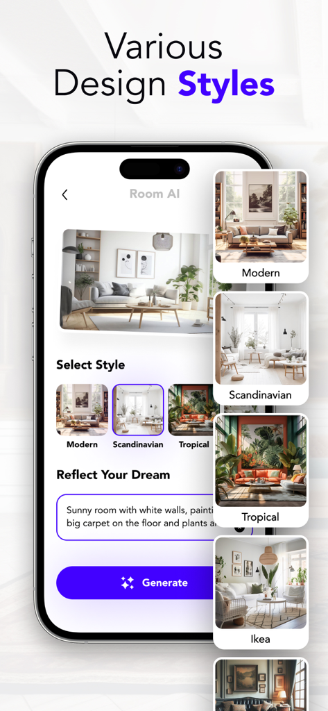 Mobile app interface showing different interior design styles like Modern and Scandinavian for room AI generation.