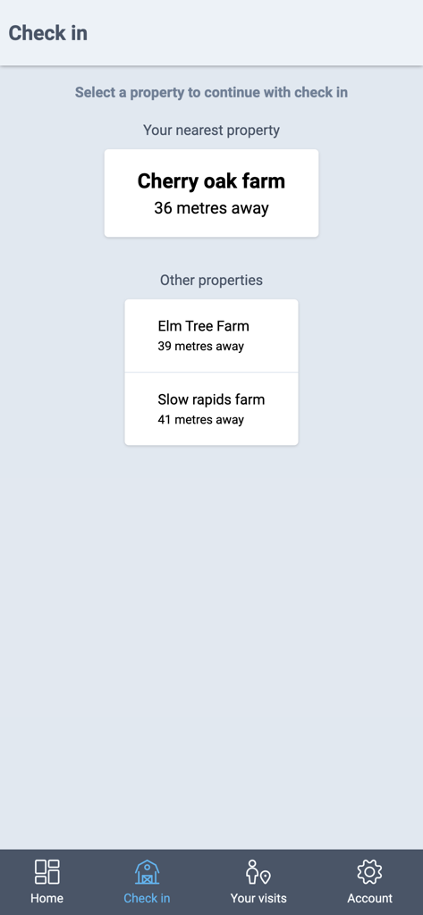 Check in screen of the Farm Health Guardian app displaying a list of nearby farm properties for selection.