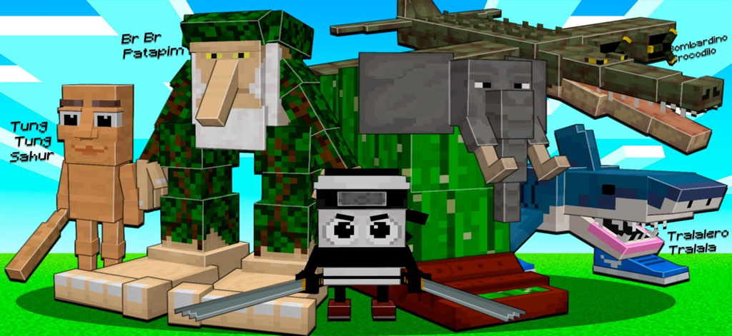 Personagens personalizados caóticos e absurdos para Minecraft do mod Italian Brainrot.