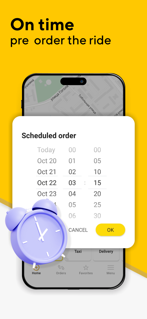 Omega: taxi service - Pantalla de la aplicación Omega que muestra la función de pedido programado para reservar un taxi con antelación