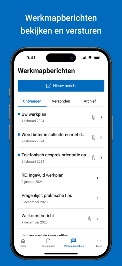 UWV - UWV app messaging interface showing a list of received messages and a new message button