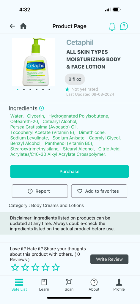 ACDS CAMP - ACDS CAMP app interface showing the product page and ingredients for Cetaphil moisturizing lotion
