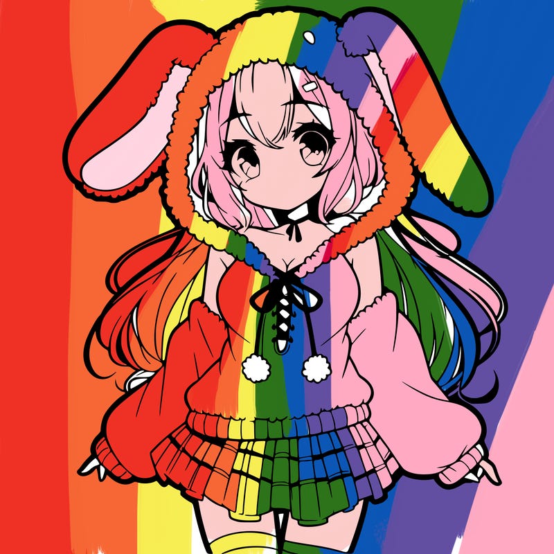 pretty anime girl wearing a fluffy hoodie with bunny ears on the hood and a skirt