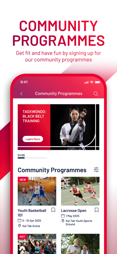 KTSP - A mobile app interface for Kai Tak Sports Park showing various community sports programmes including taekwondo basketball and lacrosse