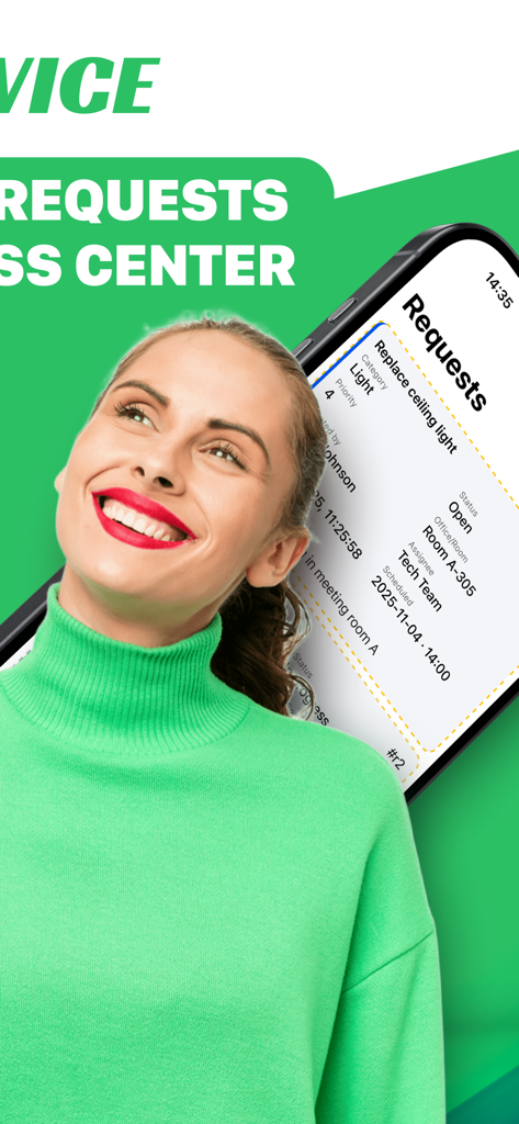 Smartphone screen showing a building maintenance request in the Sapphire Management App alongside a smiling professional woman