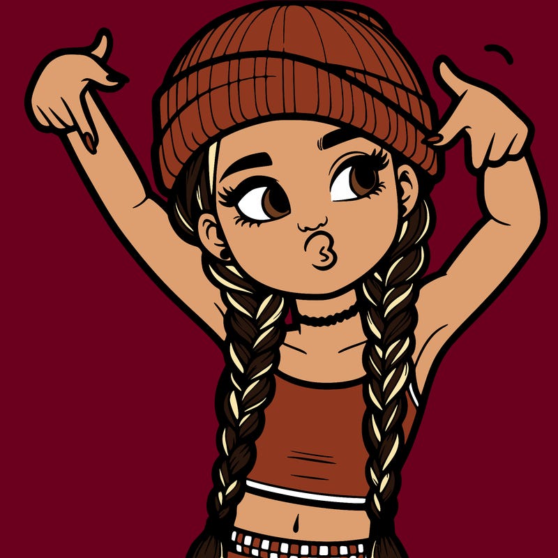 realistic teenage girl with braids and a beanie and crop top doing 🫶🏼