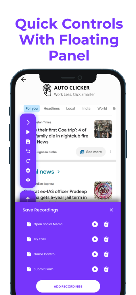 Auto Clicker mobile app interface showing the floating control panel and saved automation recordings