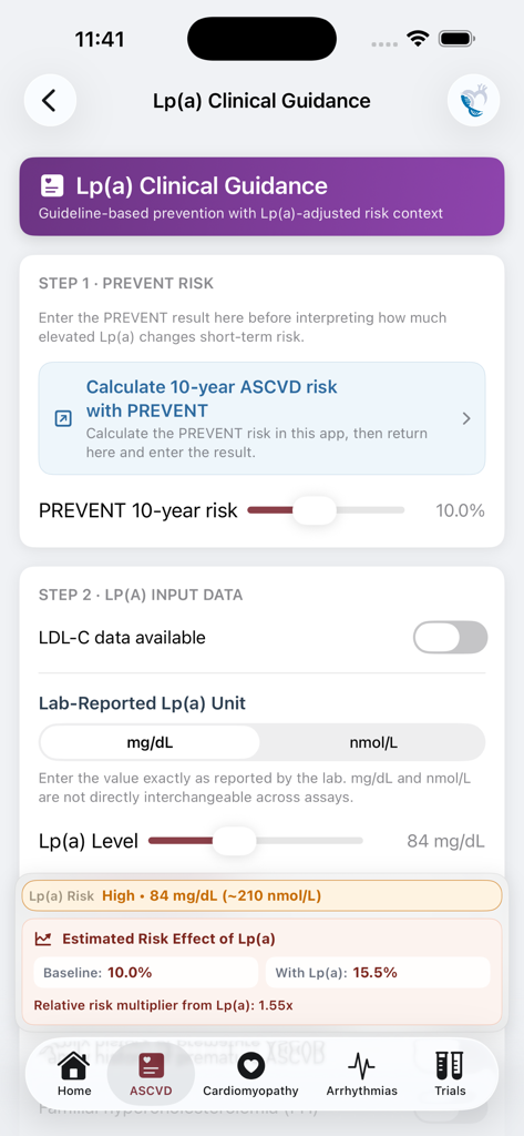 CardioGenetics - CardioGenetics app interface showing the Lp(a) clinical guidance tool for adjusting ASCVD risk based on lipoprotein a levels.