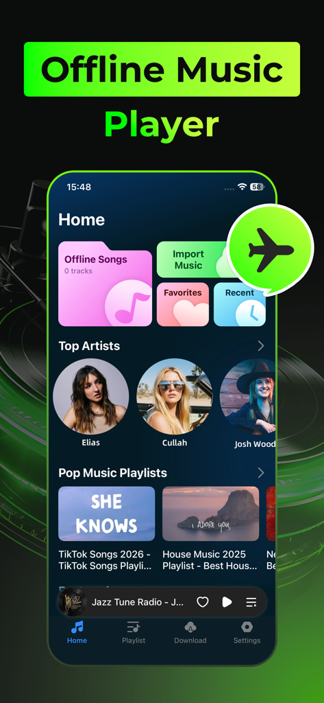 Offline Music, MP3 Player - Interfaccia dell'app Musica Offline che mostra cartelle della libreria, profili artista e un'icona della modalità aereo