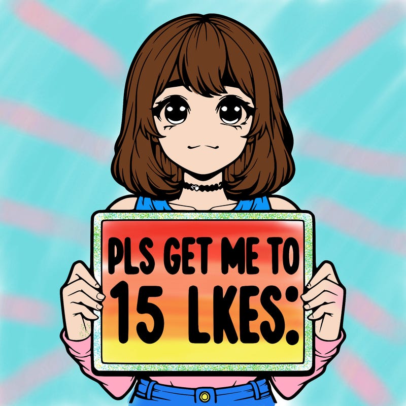 realistic girl holding up a sign that says “pls get me to 15 likes!”